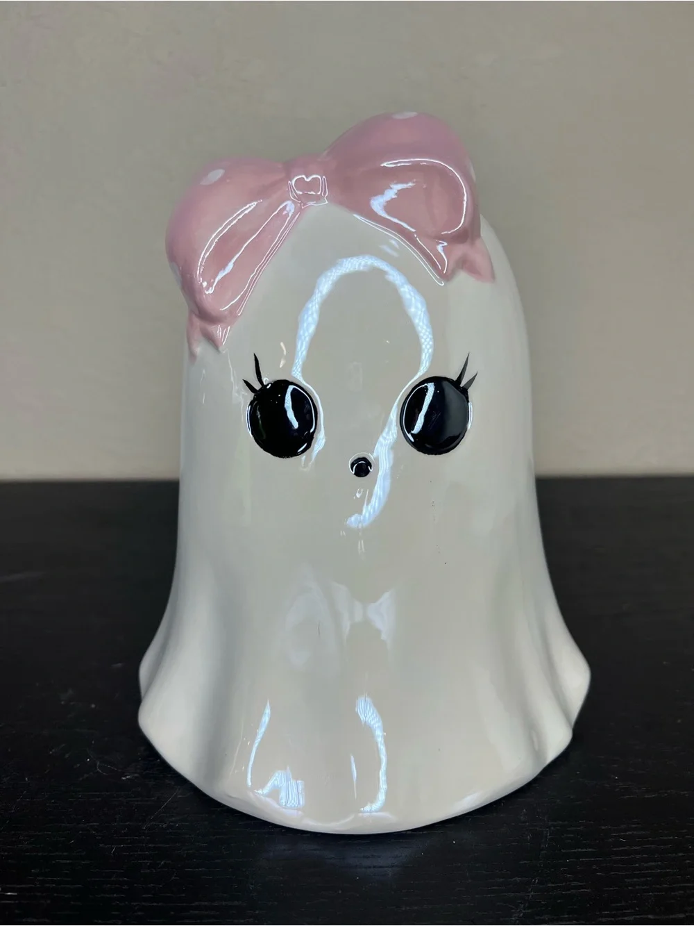 NEW 8” Halloween Ceramic Girl Ghost with Pink Bow Decor